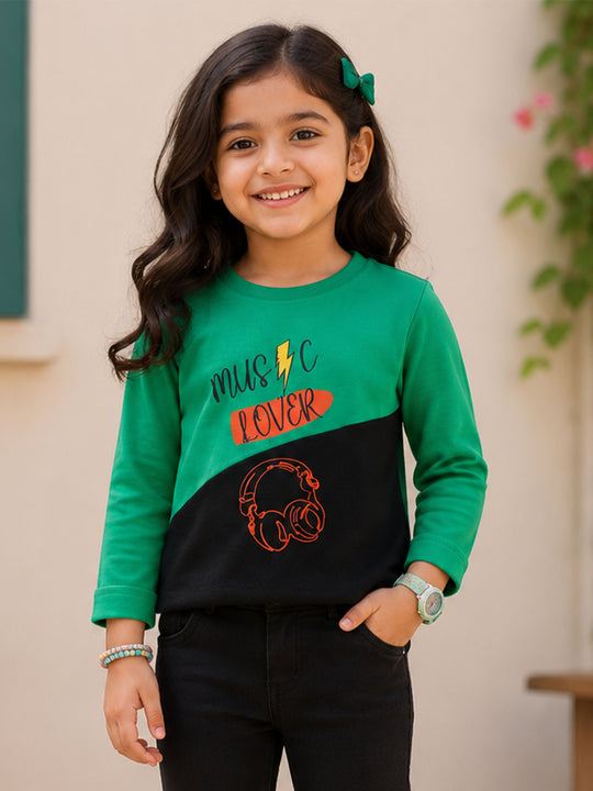 Kiddopanti Girls Cotton Knit Full Sleeves Printed Cut & Sew T-Shirt
