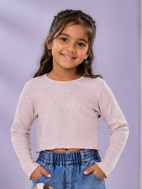 Kiddopanti Girls Cotton Knit Full Sleeves Solid Crop T-Shirt