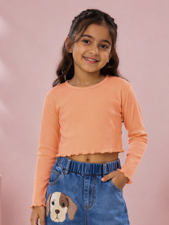 Kiddopanti Girls Cotton Knit Full Sleeves Solid Crop T-Shirt