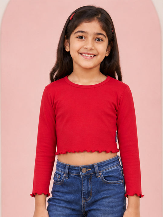 Kiddopanti Girls Cotton Knit Full Sleeves Solid Crop T-Shirt