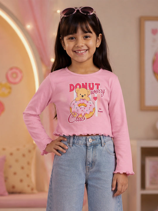 Kiddopanti Girls Cotton Spandex Full Sleeves Crop Gharphic & Embellishment T-Shirt