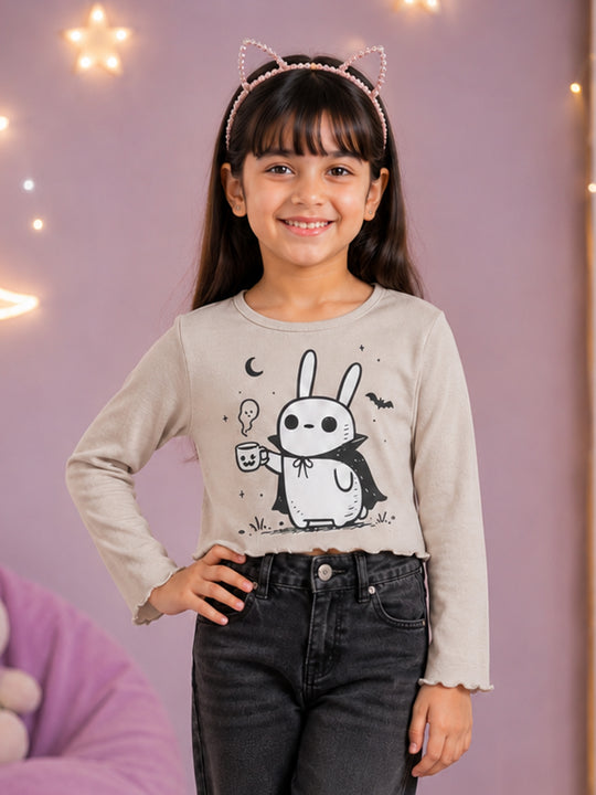 Kiddopanti Girls Cotton Spandex Full Sleeves Crop Gharphic & Embellishment T-Shirt