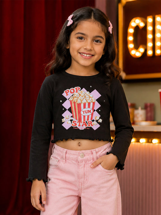 Kiddopanti Girls Cotton Spandex Full Sleeves Crop Gharphic & Embellishment T-Shirt