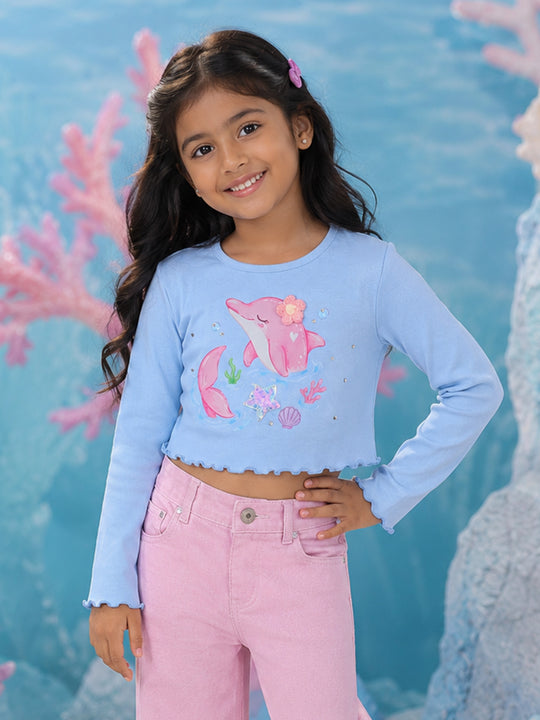Kiddopanti Girls Cotton Spandex Full Sleeves Crop Gharphic & Embellishment T-Shirt