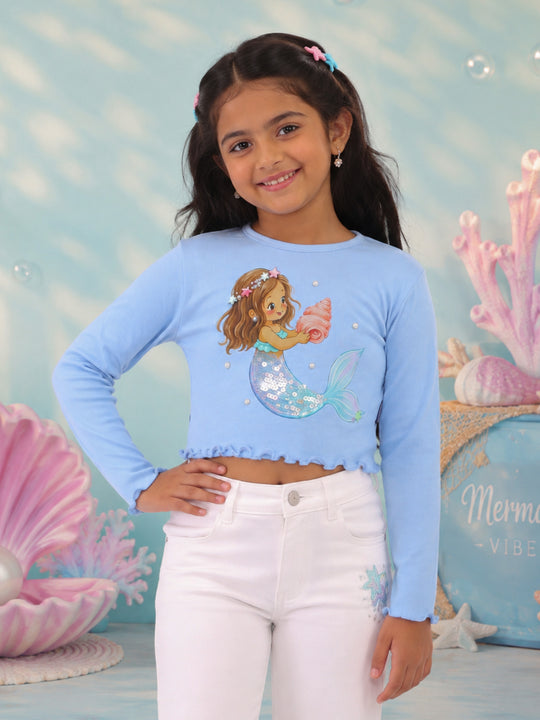 Kiddopanti Girls Cotton Spandex Full Sleeves Crop Gharphic & Embellishment T-Shirt