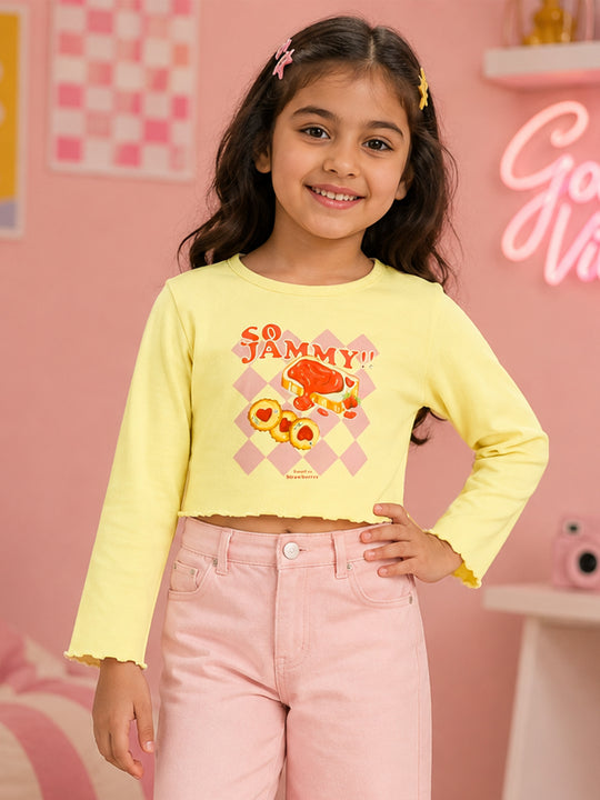 Kiddopanti Girls Cotton Spandex Full Sleeves Crop Gharphic & Embellishment T-Shirt
