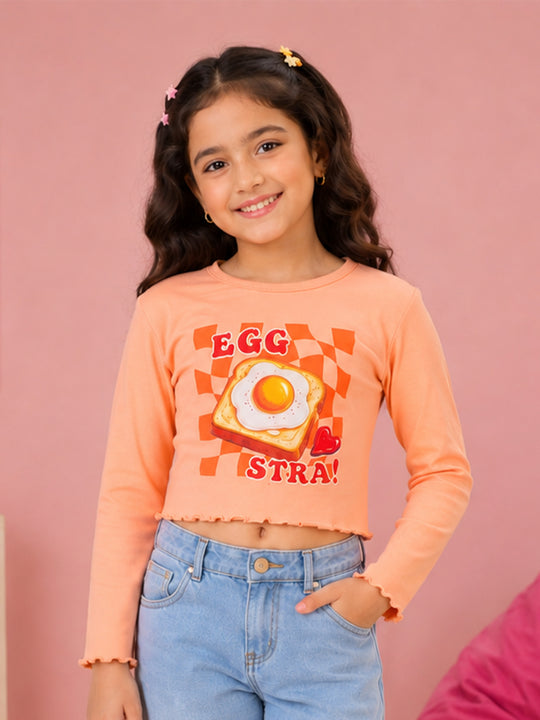 Kiddopanti Girls Cotton Spandex Full Sleeves Crop Gharphic & Embellishment T-Shirt