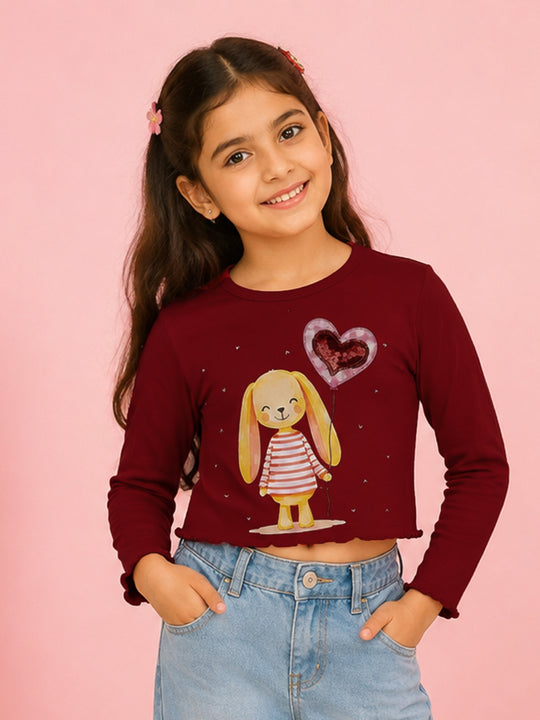 Kiddopanti Girls Cotton Spandex Full Sleeves Crop Gharphic & Embellishment T-Shirt
