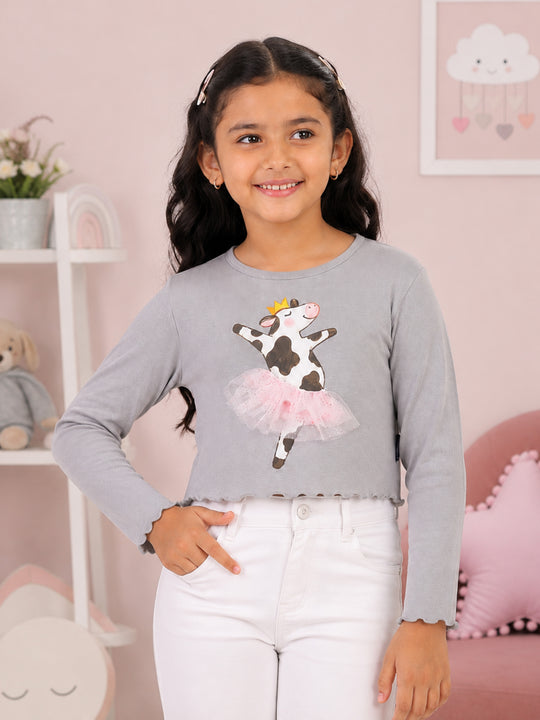 Kiddopanti Girls Cotton Spandex Full Sleeves Crop Gharphic & Embellishment T-Shirt
