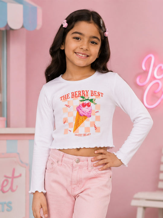 Kiddopanti Girls Cotton Spandex Full Sleeves Crop Gharphic & Embellishment T-Shirt