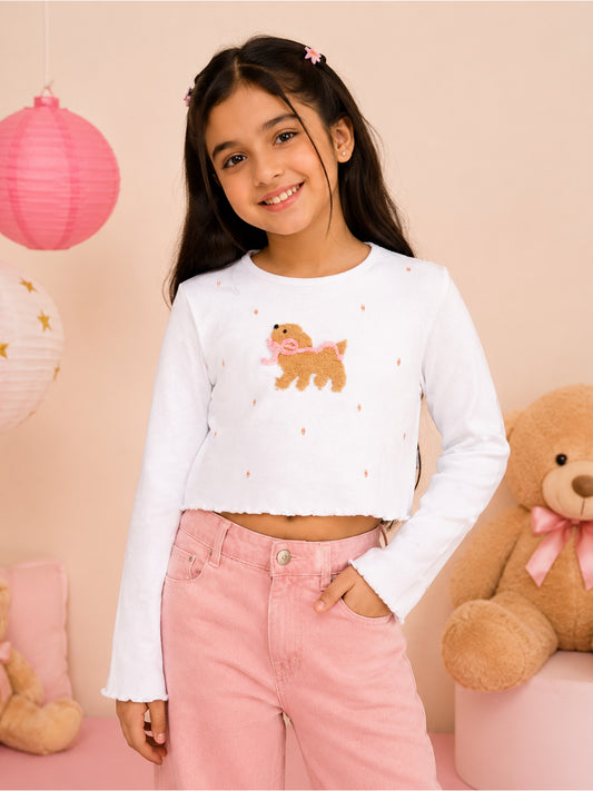 Kiddopanti Girls Cotton Spandex Full Sleeves Crop Gharphic & Embellishment T-Shirt
