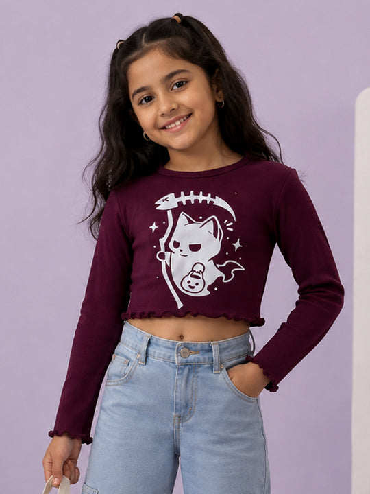 Kiddopanti Girls Cotton Spandex Full Sleeves Crop Gharphic & Embellishment T-Shirt