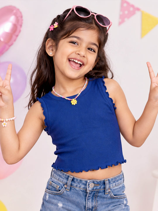 Kiddopanti Girls Cotton Spandex Sleeveless Solid Ribbed Crop Top Soft Casual Summer T-Shirt