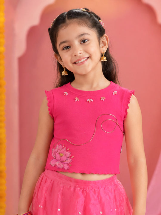 Kiddopanti Girls Sleeveless Ribbed Crop T-Shirt with Lotus Print and Embellishment