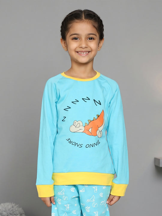 Kiddopanti Girls Cotton Knit Full Sleeves Princes And Dinnosnore Printed T-Shirt