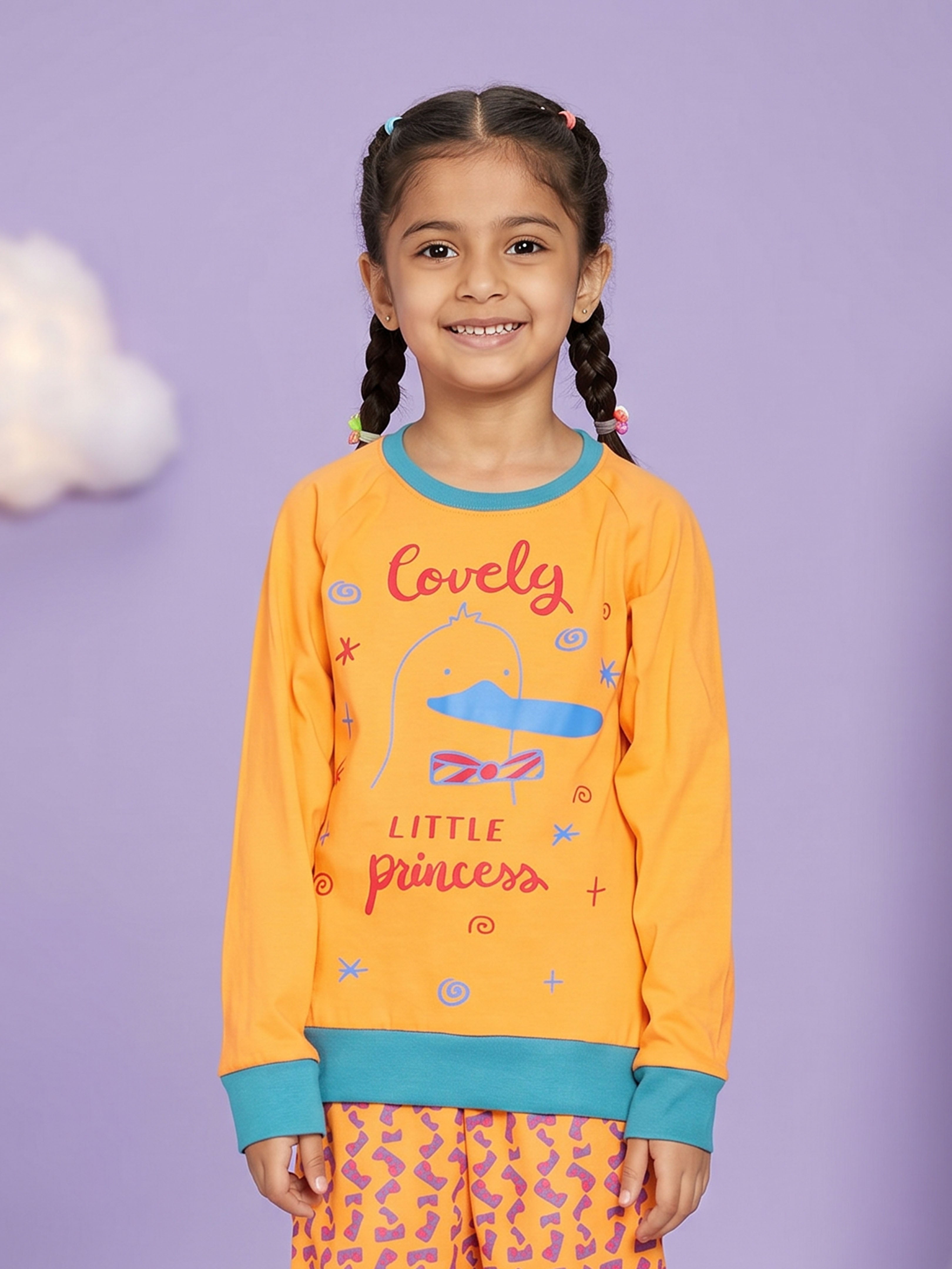 Kiddopanti Girls Cotton Knit Full Sleeves Princes And Dinnosnore Printed T-Shirt