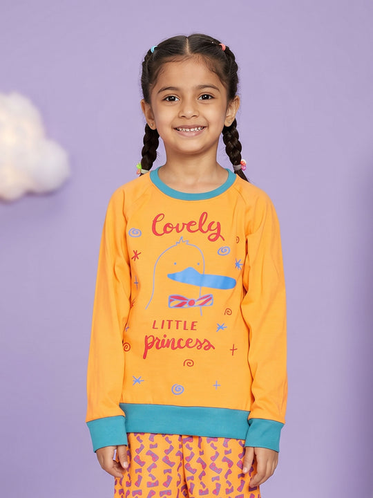 Kiddopanti Girls Cotton Knit Full Sleeves Princes And Dinnosnore Printed T-Shirt