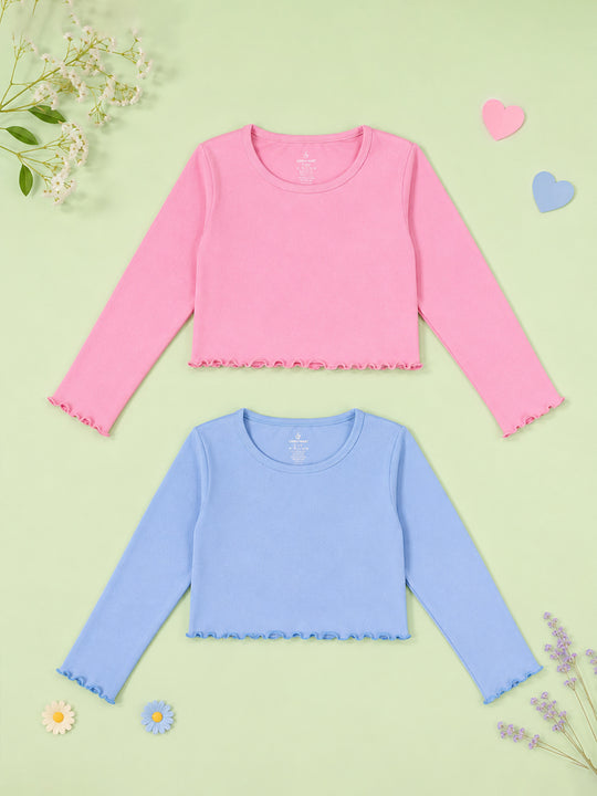 Kiddopanti Girls Cotton Full Sleeve Solid Crop T-Shirt Pack of 2