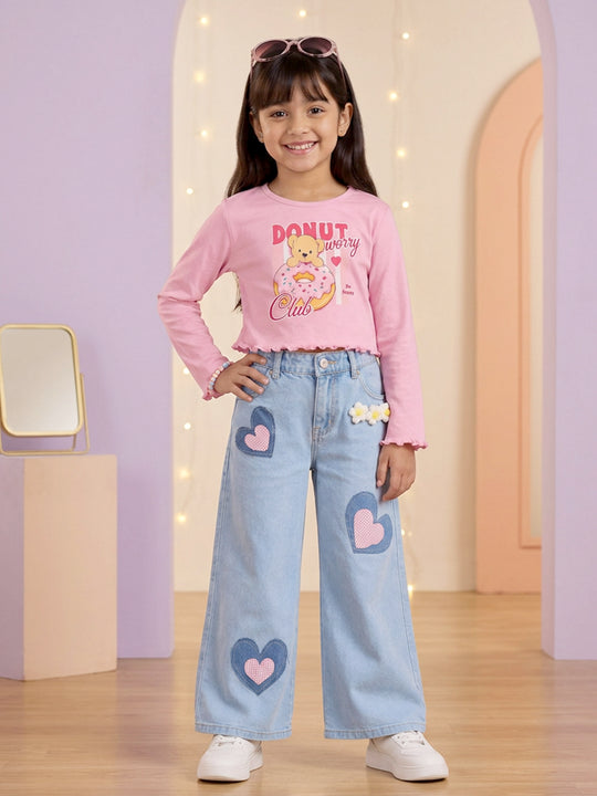 Kiddopanti Girls Cotton Spandex Full Sleeves Graphic Printed Crop T-Shirt & Denim Jeans Co-ord Set