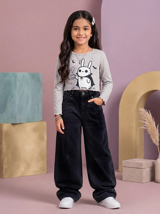 Kiddopanti Girls Cotton Spandex Full Sleeves Graphic Printed Crop T-Shirt & Denim Jeans Co-ord Set
