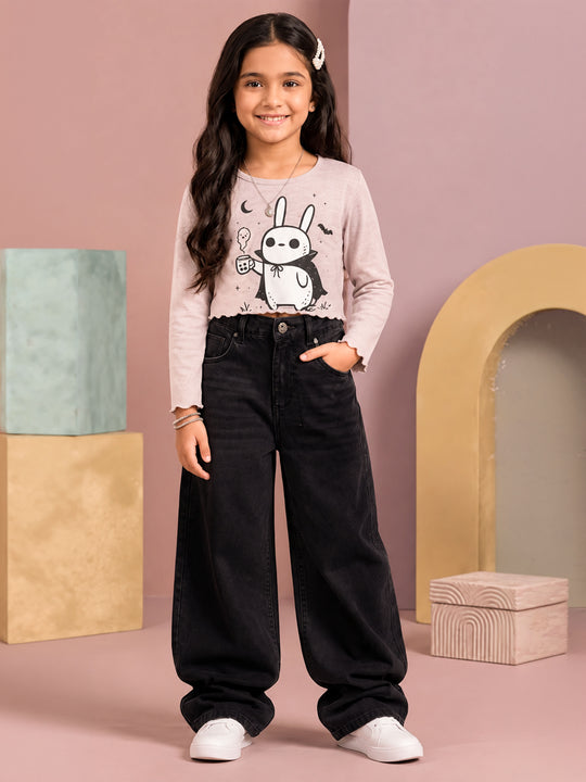 Kiddopanti Girls Cotton Spandex Full Sleeves Graphic Printed Crop T-Shirt & Denim Jeans Co-ord Set