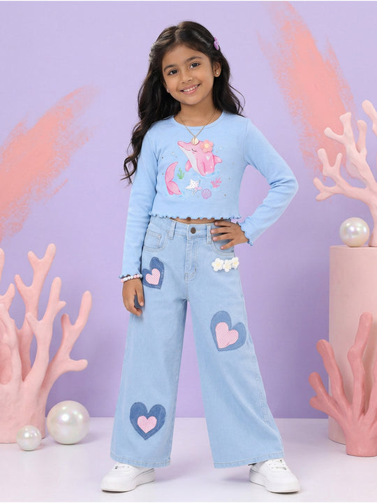 Kiddopanti Girls Cotton Spandex Full Sleeves Graphic Printed Crop T-Shirt & Denim Jeans Co-ord Set