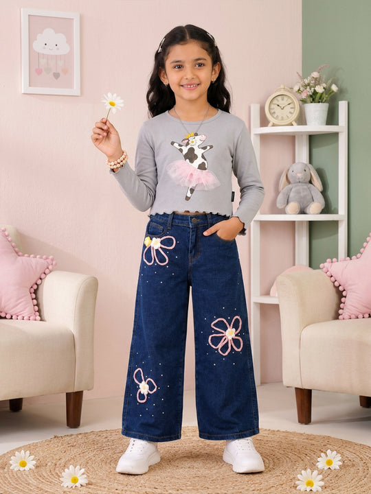 Kiddopanti Girls Cotton Spandex Full Sleeves Graphic Printed Crop T-Shirt & Denim Jeans Co-ord Set