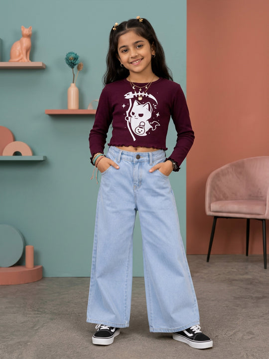 Kiddopanti Girls Cotton Spandex Full Sleeves Graphic Printed Crop T-Shirt & Denim Jeans Co-ord Set