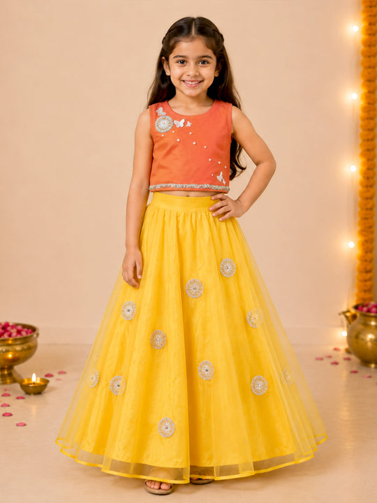 Kiddopanti Girls Cotton Spandex Ribbed Racerback Crop Top T-Shirt with Organza Skirt set