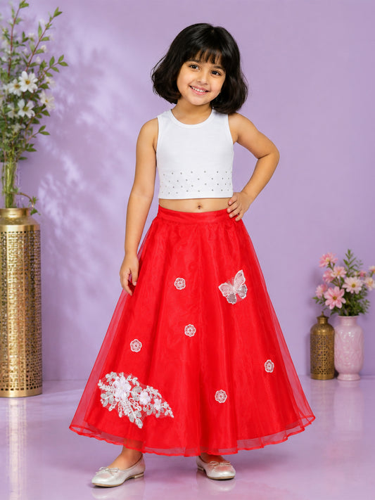 Kiddopanti Girls Cotton Spandex Sleeveless Ribbed Racerback Crop Top T-Shirt with Rhinestone Embellishment & Flared Organza Skirt Set