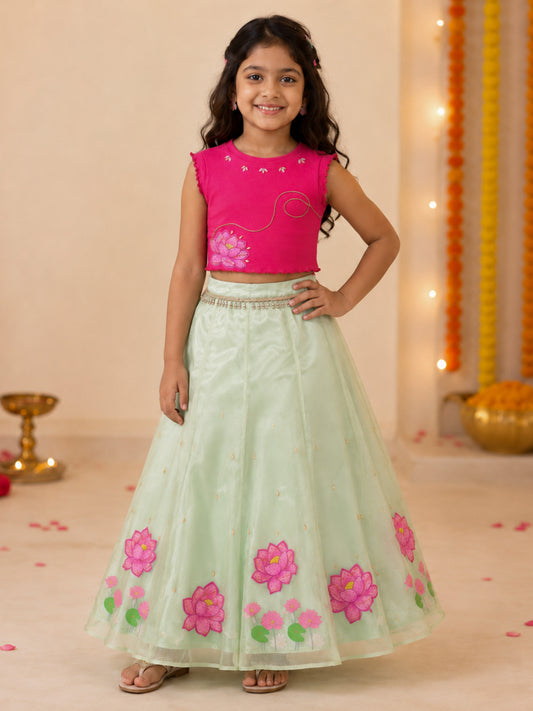 Kiddopanti Girls Cotton Knit Sleeveless Ribbed Crop  Lotus Printed T-Shirt with Embellishment & Flared Organza Skirt Set