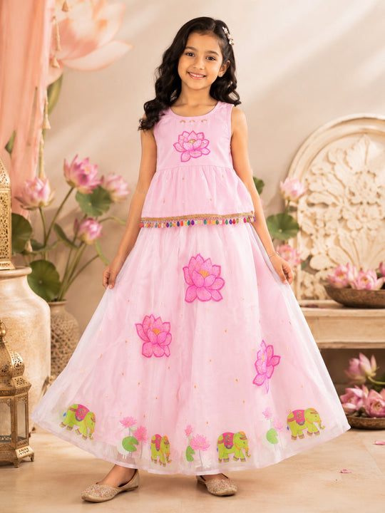 Kiddopanti Girls Cotton Knit Sleeveless Lotus Printed Peplum Top & Flared Organza Elephant Printed Skirt Set