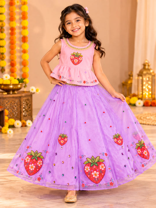 Kiddopanti Girls Cotton Knit Ethnic Printed Peplum Top & Strawberry Floral Organza Skirt Co-ord Set