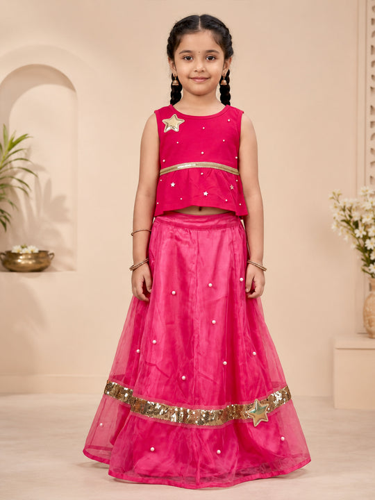 Kiddopanti Girls Cotton Knit Applique Detailed Peplum Top & Organza Flared Skirt set
