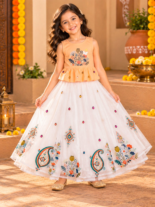 Kiddopanti Girls Cotton Knit Ethnic Printed Peplum Top & Strawberry Floral Organza Skirt Co-ord Set