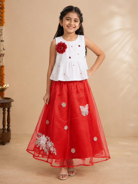 Kiddopanti Girls Cotton Knit Applique Detailed Peplum Top & Organza Flared Skirt set