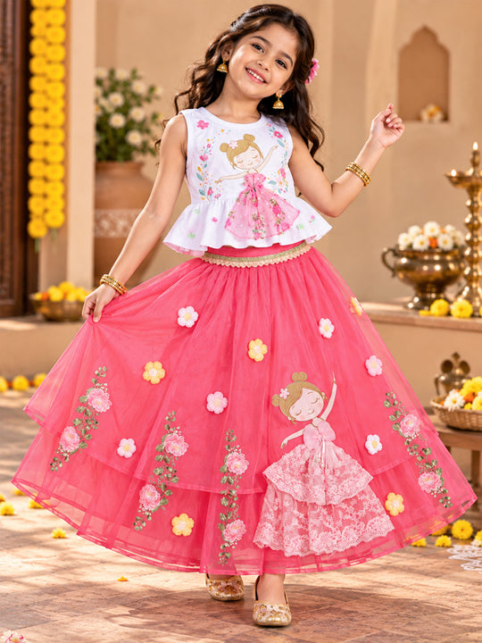 Kiddopanti Girls Cotton Knit Ethnic Printed Peplum Top & Strawberry Floral Organza Skirt Co-ord Set