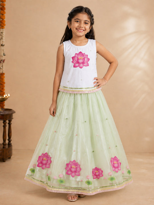 Kiddopanti Girls Cotton Knit Applique Detailed Peplum Top & Organza Flared Skirt set