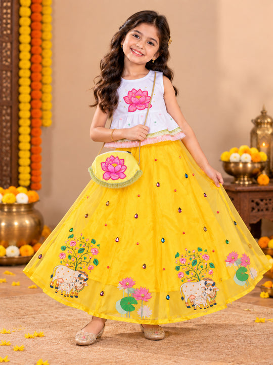 Kiddopanti Girls Cotton Knit Ethnic Printed Peplum Top & Strawberry Floral Organza Skirt Co-ord Set