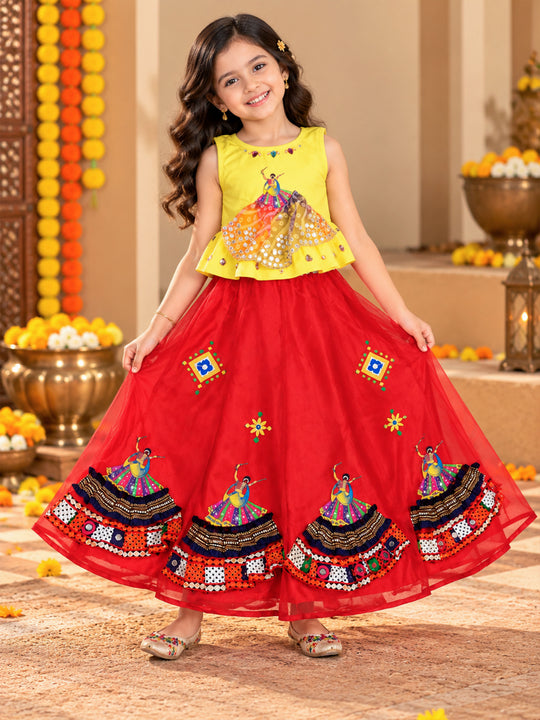 Kiddopanti Girls Cotton Knit Ethnic Printed Peplum Top & Strawberry Floral Organza Skirt Co-ord Set