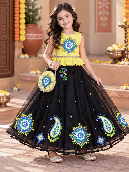 Kiddopanti Girls Cotton Knit Ethnic Printed Peplum Top & Strawberry Floral Organza Skirt Co-ord Set
