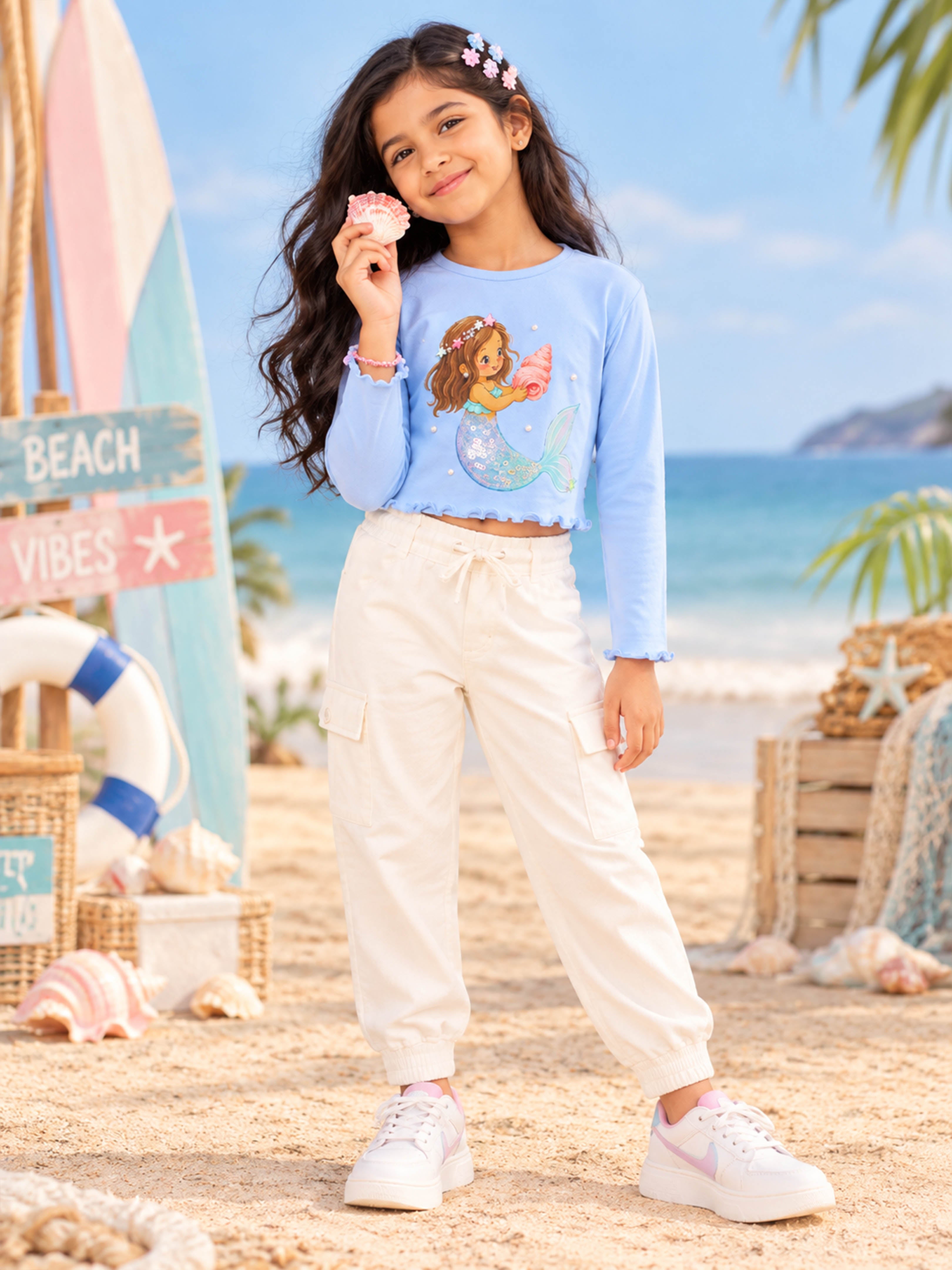 Kiddopanti Girls Cotton Spandex Full Sleeves Graphic Printed Crop T-Shirt & Fleece Jogger Co-ord Set