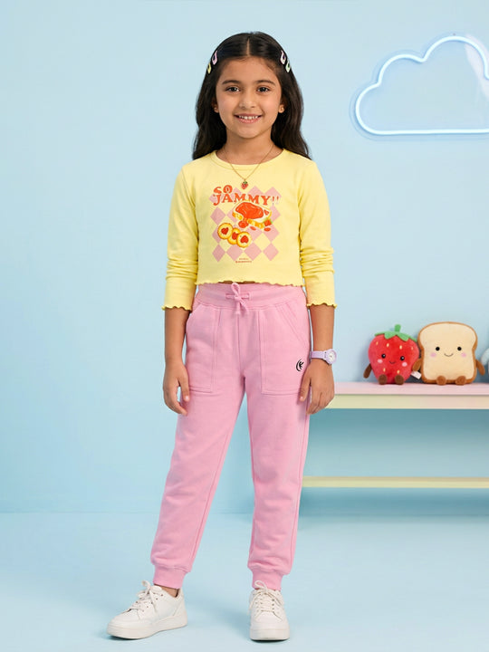 Kiddopanti Girls Cotton Spandex Full Sleeves Graphic Printed Crop T-Shirt & Fleece Jogger Co-ord Set