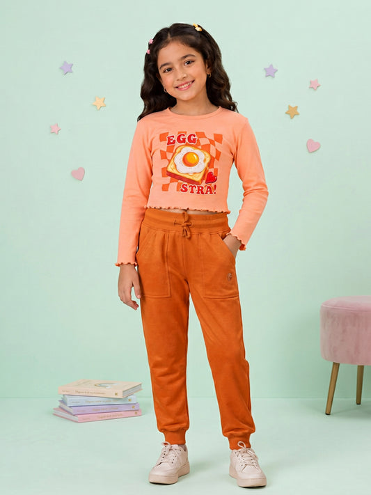 Kiddopanti Girls Cotton Spandex Full Sleeves Graphic Printed Crop T-Shirt & Fleece Jogger Co-ord Set