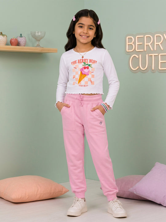 Kiddopanti Girls Cotton Spandex Full Sleeves Graphic Printed Crop T-Shirt & Fleece Jogger Co-ord Set
