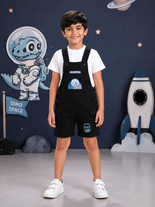 Kiddopanti Boys Denim Graphic Printed Cargo Dungaree Shorts