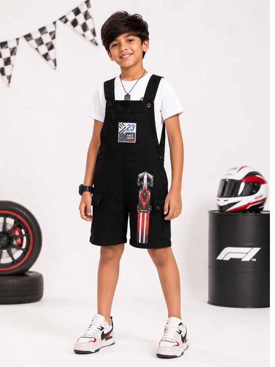 Kiddopanti Boys Denim Graphic Printed Cargo Dungaree Shorts