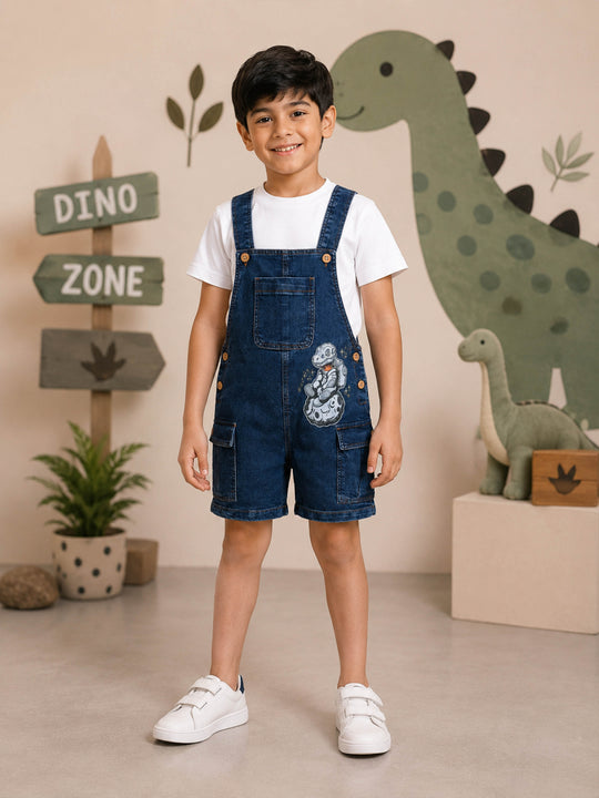 Kiddopanti Boys Denim Graphic Printed Cargo Dungaree Shorts