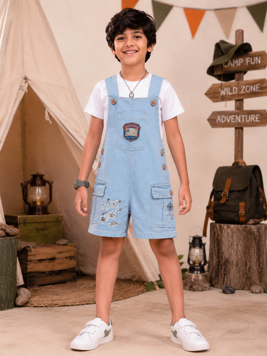 Kiddopanti Boys Denim Graphic Printed Cargo Dungaree Shorts