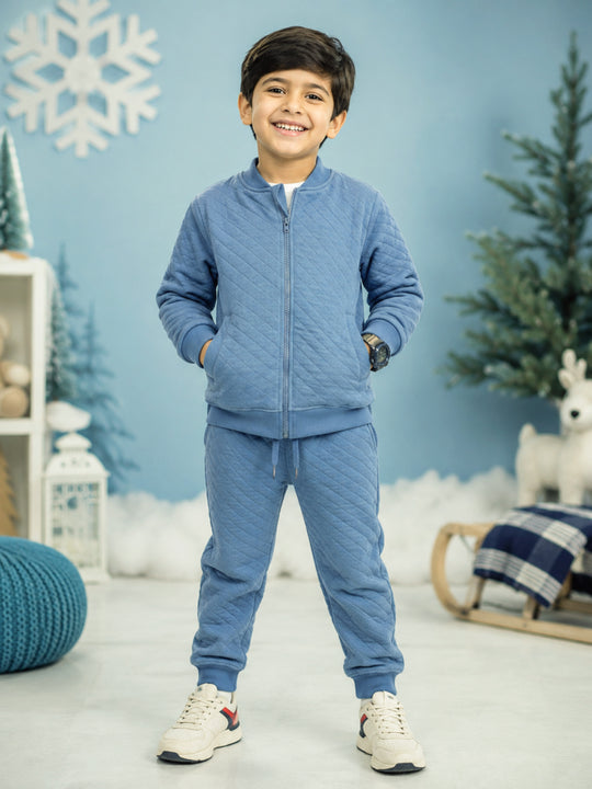 Kiddopanti Boys & Girls Cotton Knit Full Sleeves Solid Quilted Winter Jacket & Jogger Pant Co Orde Set